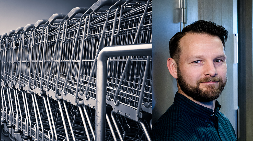 Photo collage of shopping carts and a portrait of a man. 
