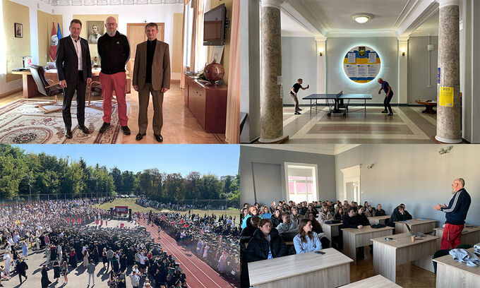 Photo collage of four pictures. One of three men standing together. One of two people playng pin pong. One of a large gathering of people outdoors. One of a man standing in front of a classroom full of students.