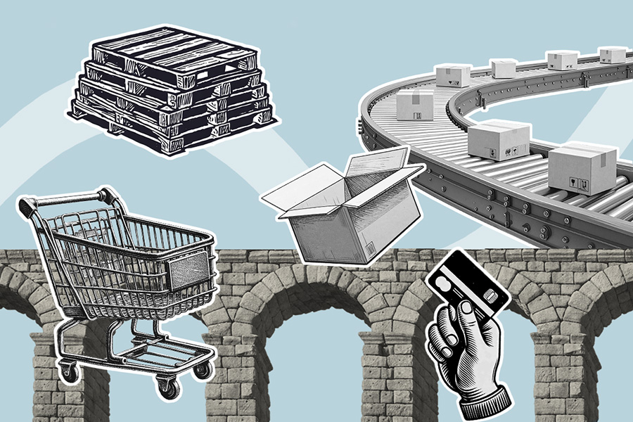 black and white retail related images on a blue background. Illustration. 