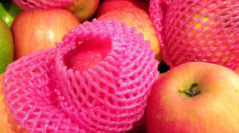 close-up of apples, some in packaging. Photo. 